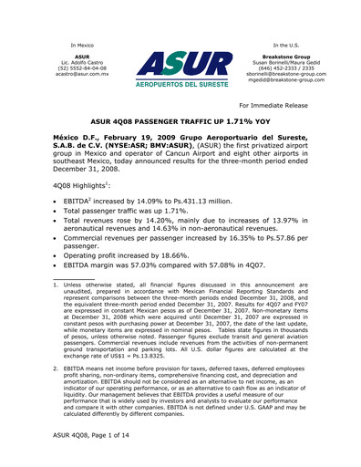 Miniature Grupo Aeroportuario del Sureste
(ASUR) Bilan financier 2008