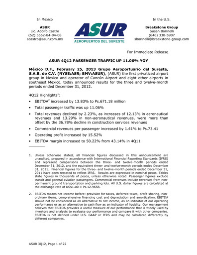 Miniature Grupo Aeroportuario del Sureste
(ASUR) Bilan financier 2012