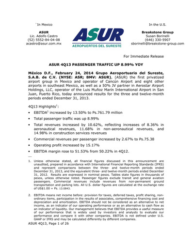Thumbnail Grupo Aeroportuario del Sureste
(ASUR) Quarterly Report 2013-q4