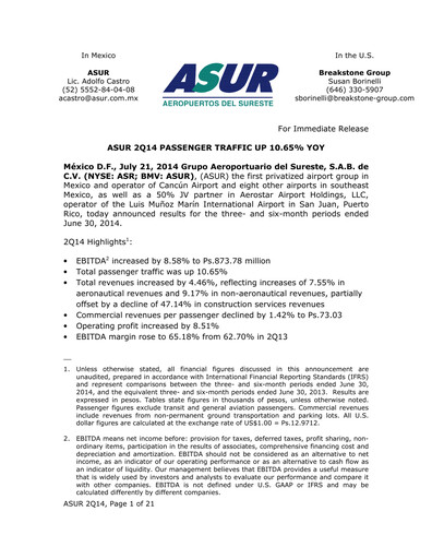 Thumbnail Grupo Aeroportuario del Sureste
(ASUR) Quarterly Report 2014-q2