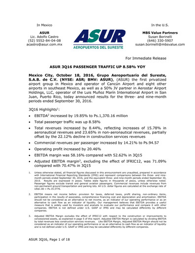 Thumbnail Grupo Aeroportuario del Sureste
(ASUR) Quarterly Report 2016-q3