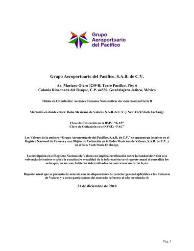 Thumbnail Grupo Aeroportuario del Pacífico
 Annual Report 2010