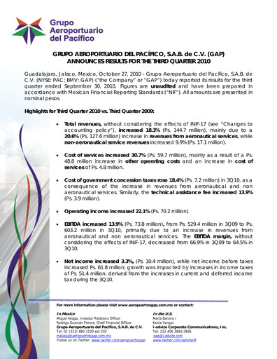 Thumbnail Grupo Aeroportuario del Pacífico
 Quarterly Report 2010-q3