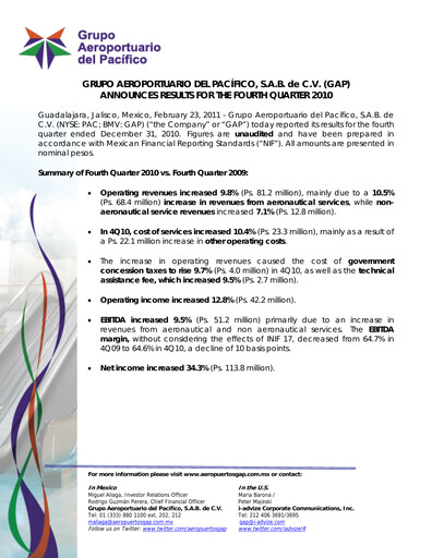 Thumbnail Grupo Aeroportuario del Pacífico
 Quarterly Report 2010-q4