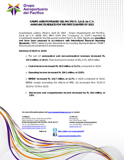 Thumbnail Grupo Aeroportuario del Pacífico
 Quarterly Report 2015-q1