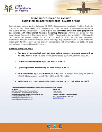 Thumbnail Grupo Aeroportuario del Pacífico
 Quarterly Report 2016-q4