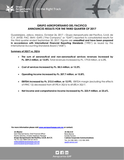 Thumbnail Grupo Aeroportuario del Pacífico
 Quarterly Report 2017-q3