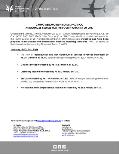 Thumbnail Grupo Aeroportuario del Pacífico
 Quarterly Report 2017-q4