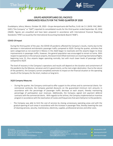 Thumbnail Grupo Aeroportuario del Pacífico
 Quarterly Report 2020-q3