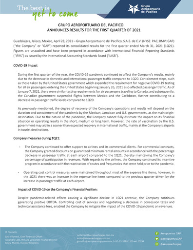 Thumbnail Grupo Aeroportuario del Pacífico
 Quarterly Report 2021-q1