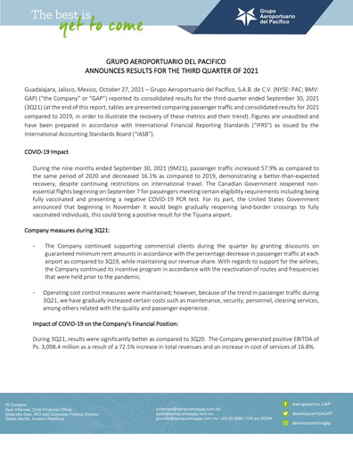 Thumbnail Grupo Aeroportuario del Pacífico
 Quarterly Report 2021-q3