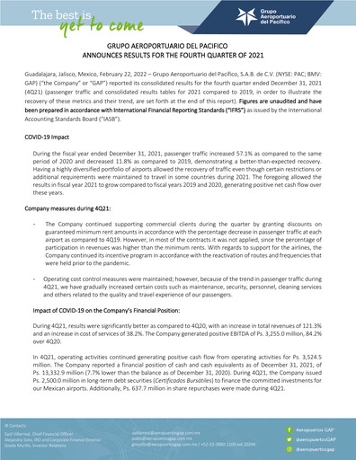 Thumbnail Grupo Aeroportuario del Pacífico
 Quarterly Report 2021-q4