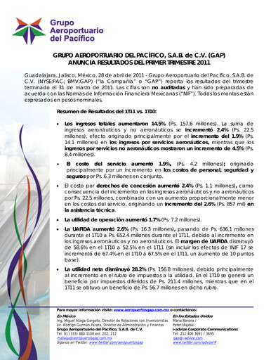 Thumbnail Grupo Aeroportuario del Pacífico
 Quarterly Report 2011-q1