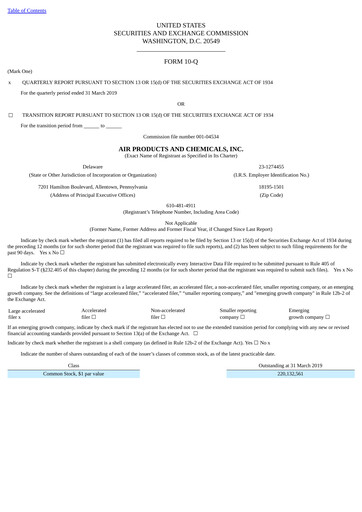 Thumbnail Air Products and Chemicals Quarterly Report 2019-q2