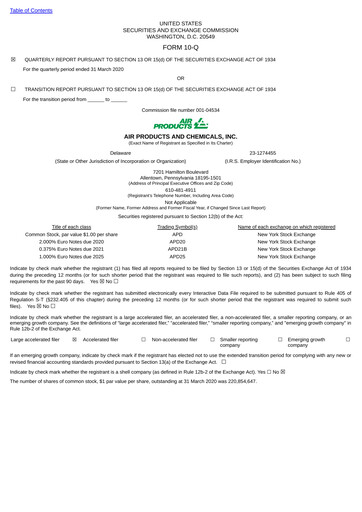 Thumbnail Air Products and Chemicals Quarterly Report 2020-q2