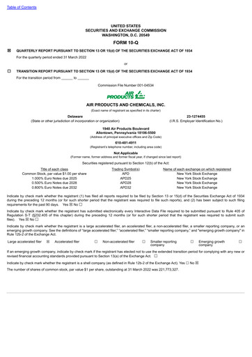 Thumbnail Air Products and Chemicals Quarterly Report 2022-q2