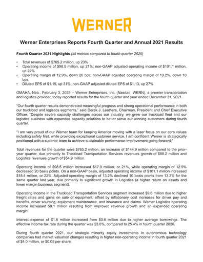 Vorschaubild Werner Enterprises
 Quartalsbericht 2021-q4
