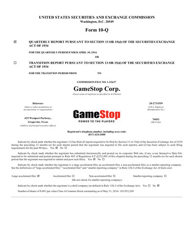Thumbnail GameStop
 Quarterly Report 2016-q1