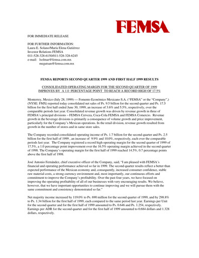 Thumbnail Fomento Económico Mexicano (FEMSA) Quarterly Report 1999-q2
