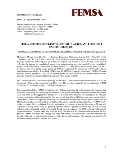 Thumbnail Fomento Económico Mexicano (FEMSA) Quarterly Report 2001-q2