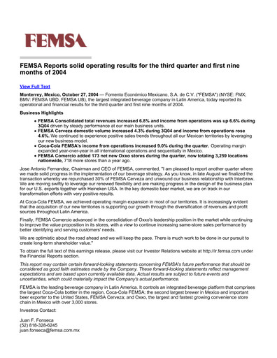 Thumbnail Fomento Económico Mexicano (FEMSA) Quarterly Report 2004-q3