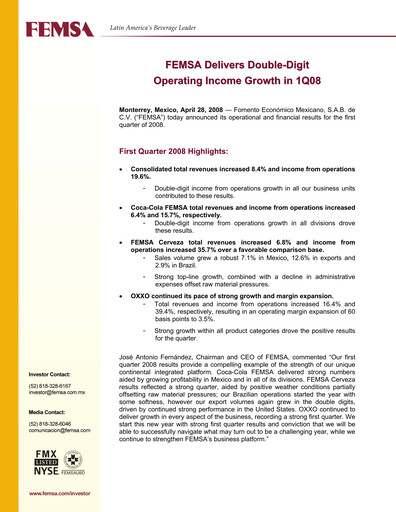 Thumbnail Fomento Económico Mexicano (FEMSA) Quarterly Report 2008-q1
