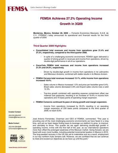 Thumbnail Fomento Económico Mexicano (FEMSA) Quarterly Report 2009-q3