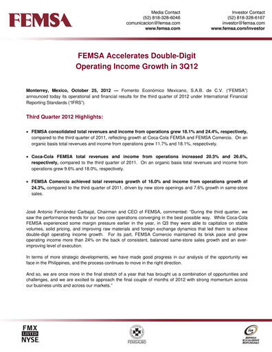 Thumbnail Fomento Económico Mexicano (FEMSA) Quarterly Report 2012-q3