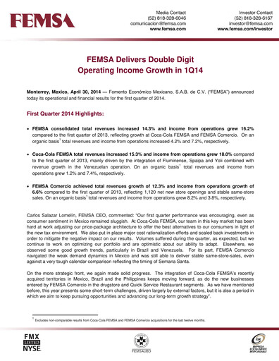 Thumbnail Fomento Económico Mexicano (FEMSA) Quarterly Report 2014-q1