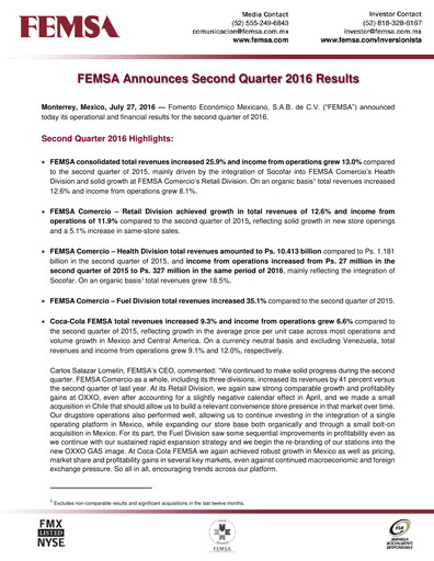 Thumbnail Fomento Económico Mexicano (FEMSA) Quarterly Report 2016-q2