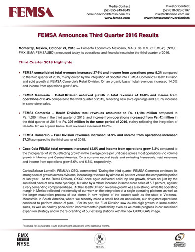 Thumbnail Fomento Económico Mexicano (FEMSA) Quarterly Report 2016-q3
