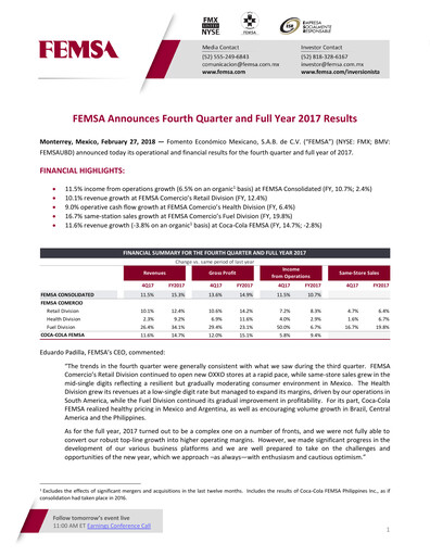 Thumbnail Fomento Económico Mexicano (FEMSA) Quarterly Report 2017-q4