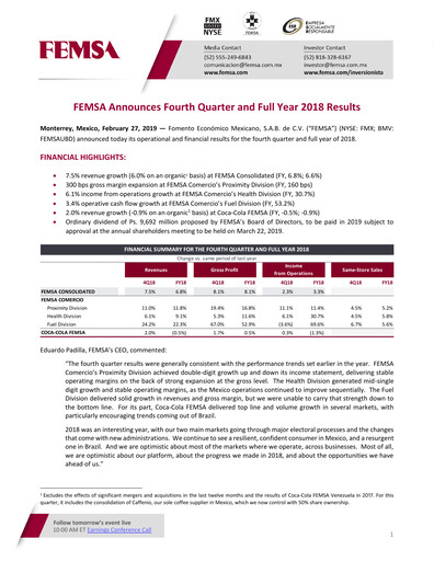 Thumbnail Fomento Económico Mexicano (FEMSA) Quarterly Report 2018-q4