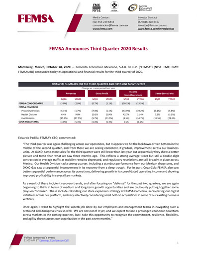 Thumbnail Fomento Económico Mexicano (FEMSA) Quarterly Report 2020-q3