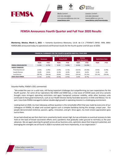Thumbnail Fomento Económico Mexicano (FEMSA) Quarterly Report 2020-q4