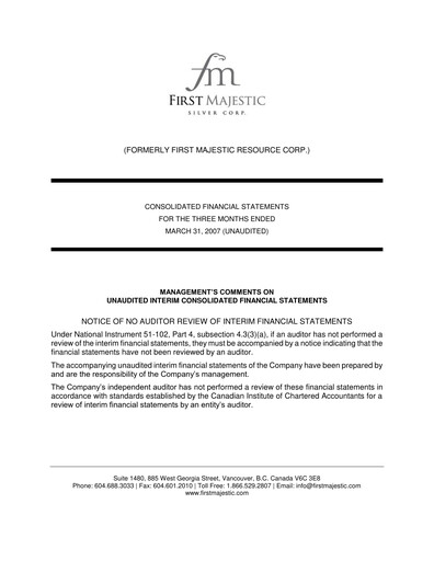 Thumbnail First Majestic Silver
 Quarterly Report 2007-q1