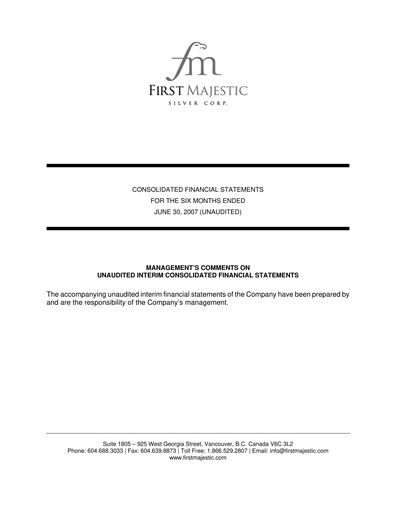 Thumbnail First Majestic Silver
 Quarterly Report 2007-q2
