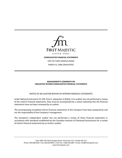 Thumbnail First Majestic Silver
 Quarterly Report 2008-q1