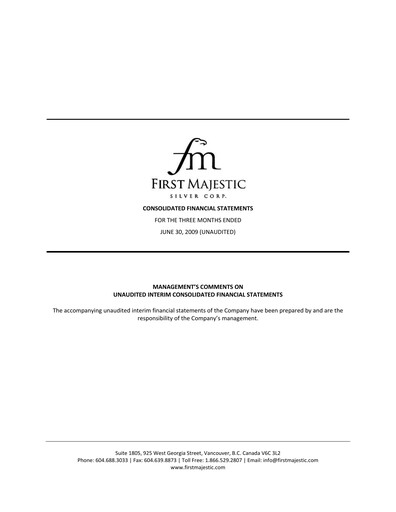 Thumbnail First Majestic Silver
 Quarterly Report 2009-q2