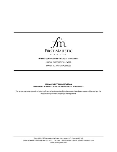 Thumbnail First Majestic Silver
 Quarterly Report 2010-q1
