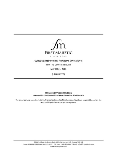 Thumbnail First Majestic Silver
 Quarterly Report 2011-q1