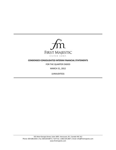 Thumbnail First Majestic Silver
 Quarterly Report 2012-q1