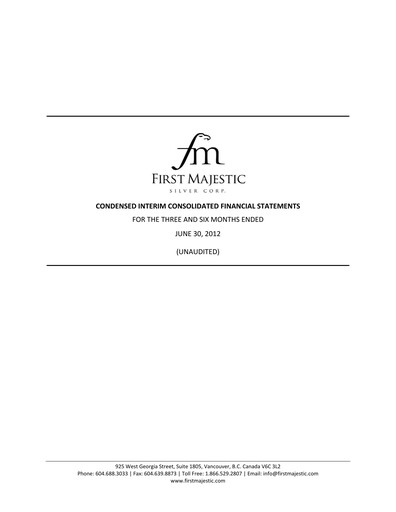Thumbnail First Majestic Silver
 Quarterly Report 2012-q2
