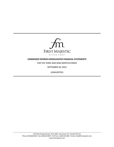 Thumbnail First Majestic Silver
 Quarterly Report 2012-q3