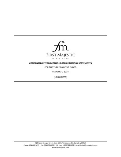 Thumbnail First Majestic Silver
 Quarterly Report 2014-q1