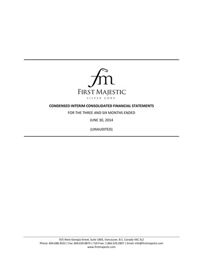 Thumbnail First Majestic Silver
 Quarterly Report 2014-q2
