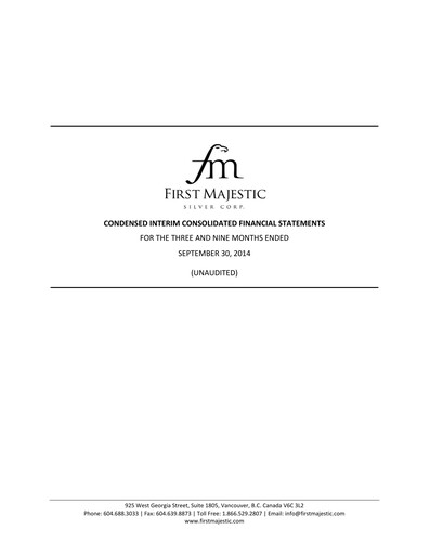 Thumbnail First Majestic Silver
 Quarterly Report 2014-q3