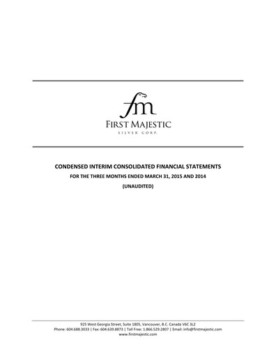 Thumbnail First Majestic Silver
 Quarterly Report 2015-q1