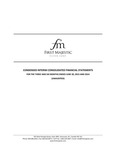 Thumbnail First Majestic Silver
 Quarterly Report 2015-q2