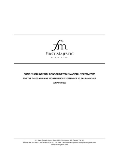 Thumbnail First Majestic Silver
 Quarterly Report 2015-q3